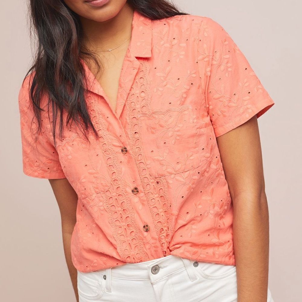 Maeve Anthropologie Eyelet Guayabera Short Sleeve Button Down Blouse - Women’s 8